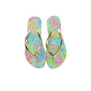 Lily Pulitzer Tropical Floral Golden strap flip flops